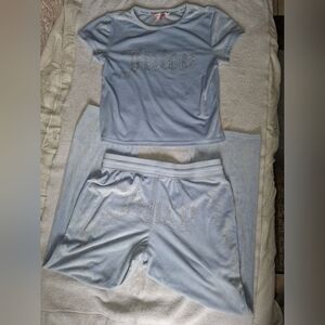 Juicy Couture Light Blue Velour Rhinestone Logo Pajama Set. Size M